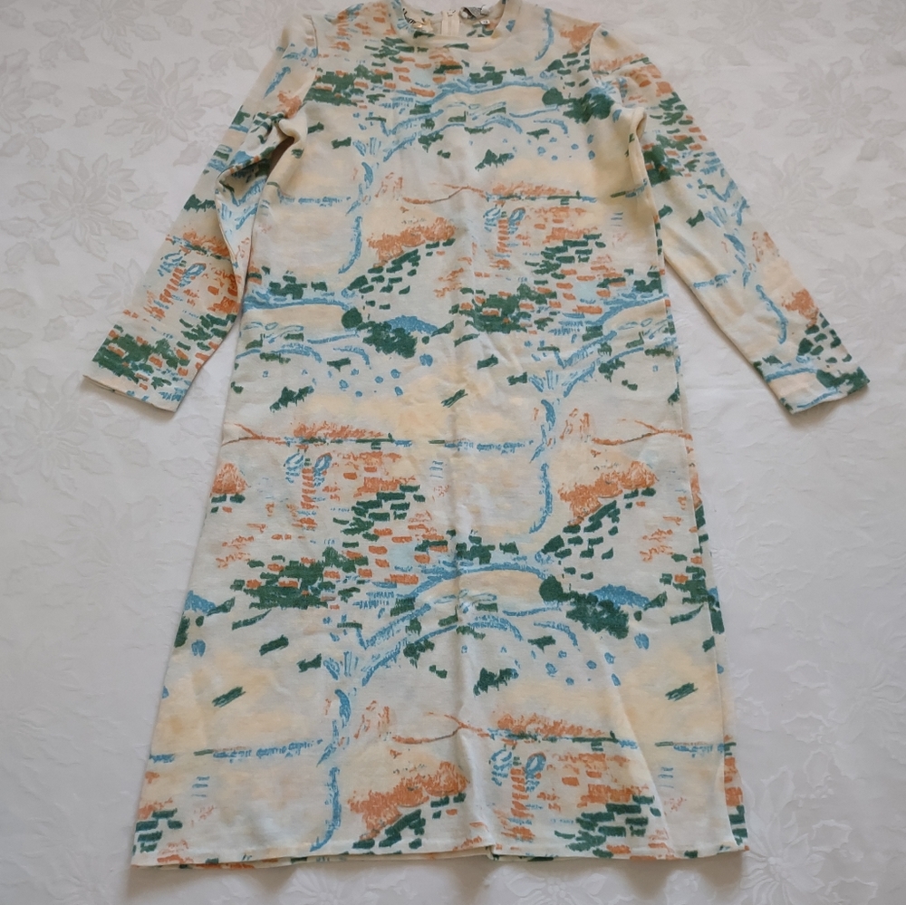 Unique Goldworm Made in Italy pure virgin wool knit sweater dress abstract print